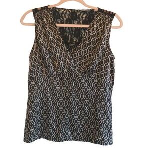 Express‎ Black White Geometric Print Sleeveless Lace Trim Tank Top Silk & Lace